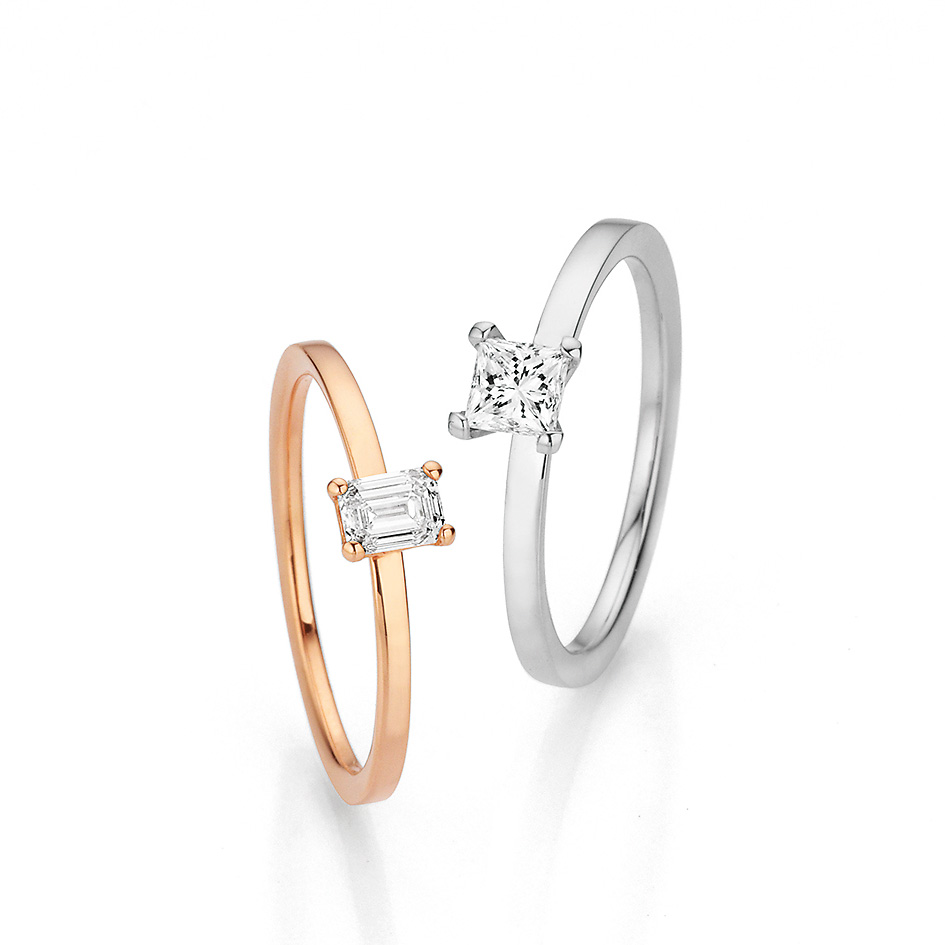 Diamant Emeraldcut und Princesscut Verlobungsring